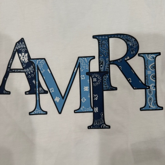 AMIRI Kids White Tee with Blue Patterned Staggered Logo size 4 - Picture 11 of 11